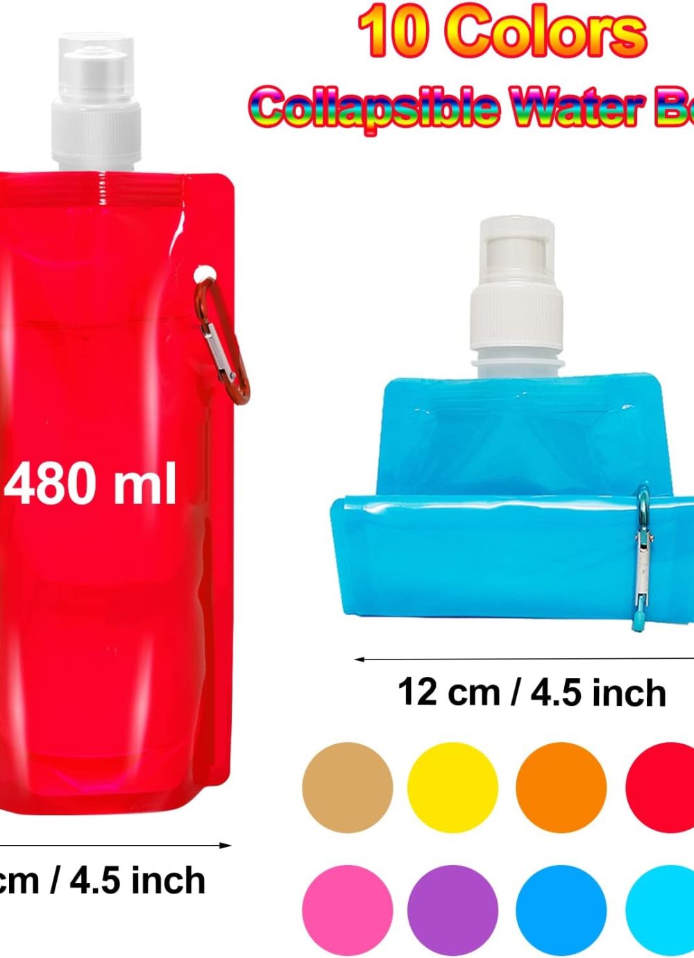 10 Pack Collapsible Water Bottles,Reusable Drinking Water Bags with Carabiner Clip,480ml Travel Water Bottle,Leak Proof Water Bottles for Camping,Hiking Travel,Gym,Sports,Biking,BPA Free - Image 2
