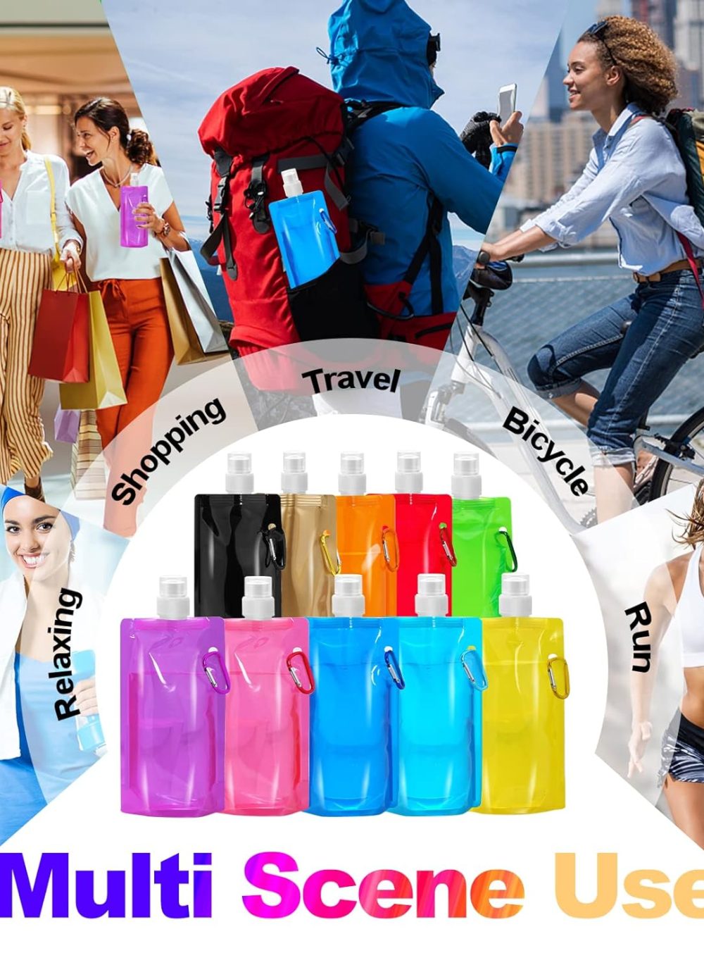 10 Pack Collapsible Water Bottles,Reusable Drinking Water Bags with Carabiner Clip,480ml Travel Water Bottle,Leak Proof Water Bottles for Camping,Hiking Travel,Gym,Sports,Biking,BPA Free - Image 7