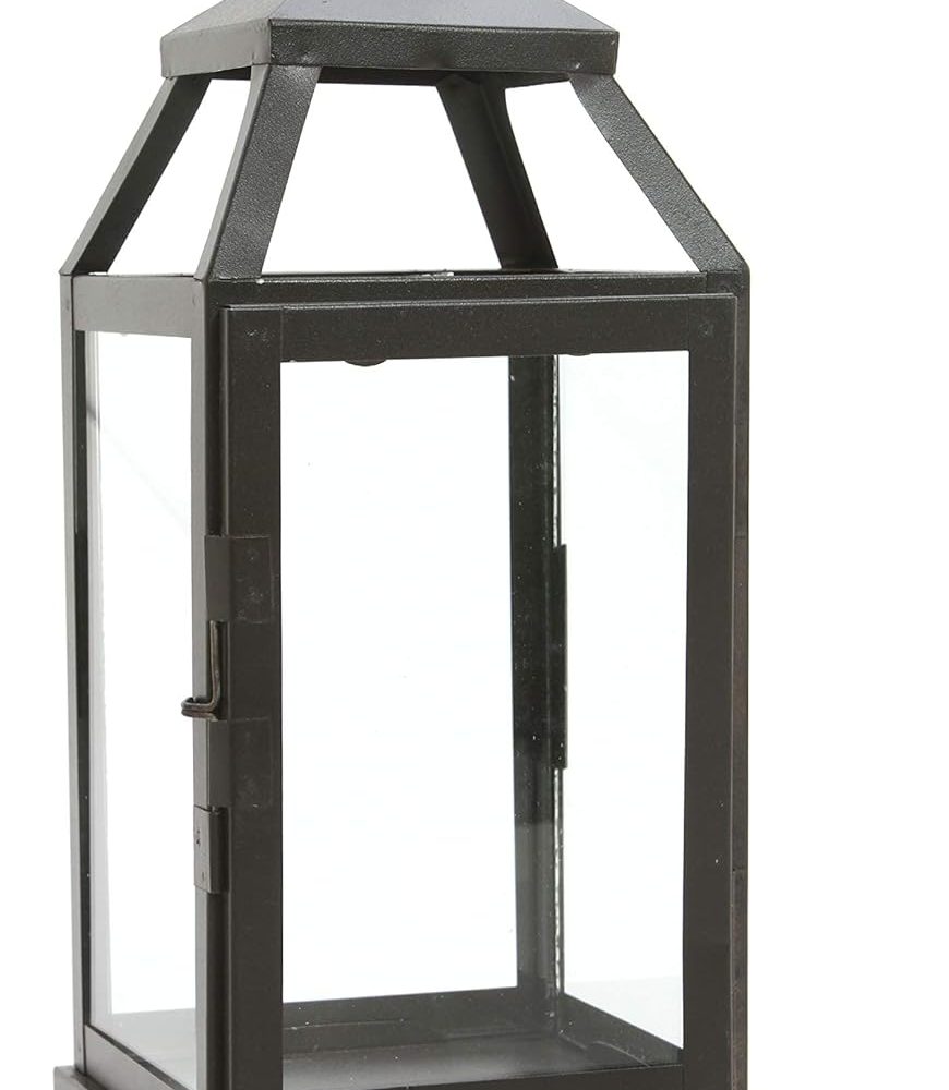 Hosley 14 Inch High Large Clear Glass Iron Classic Style Lantern Elegant Candle Holder for Home Decor Vintage-Inspired Centerpiece with Stylish Iron Frame Indoor/Outdoor Lighting Accent Timeless