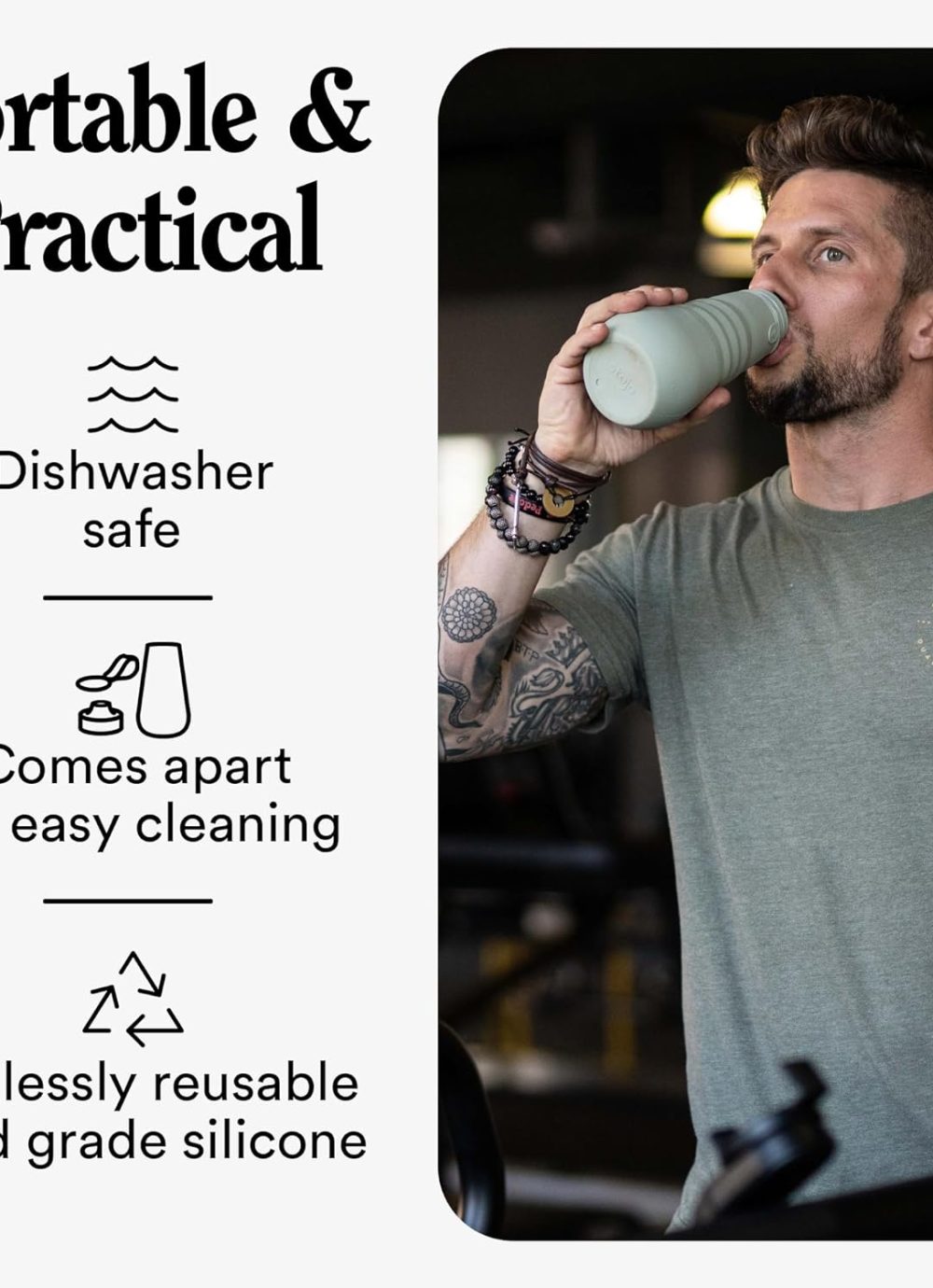 STOJO Collapsible Sports Water Bottle - Leak-Proof Reusable Silicone Travel Cup for Hot & Cold Drinks - Microwave & Dishwasher Safe - AS SEEN ON TODAY SHOW - Parent (Eucalyptus) - Image 6